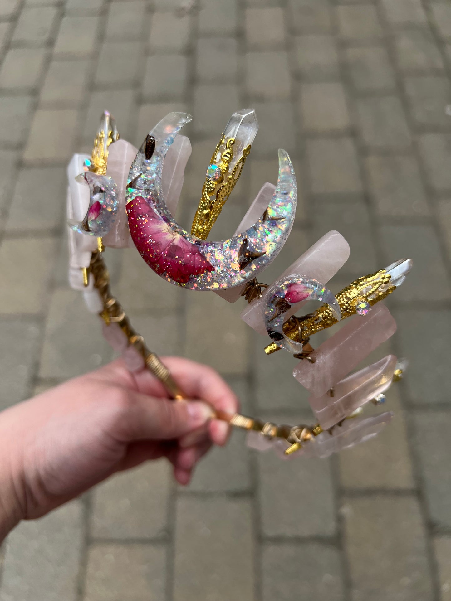 The Rose Garden Rose Quartz and Angel Aura Quartz Crystal Crown