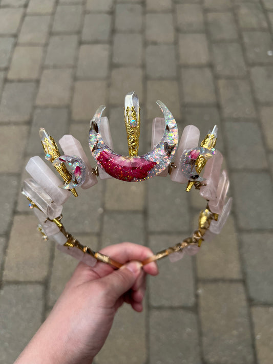The Rose Garden Rose Quartz and Angel Aura Quartz Crystal Crown